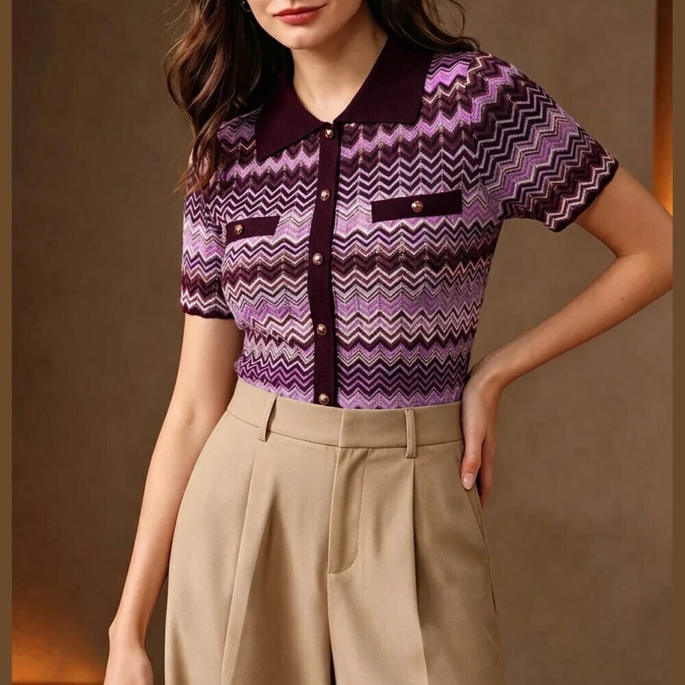 Plum Purple Zigzag Knit Button Front Short Sleeve Collared Polo Sweater